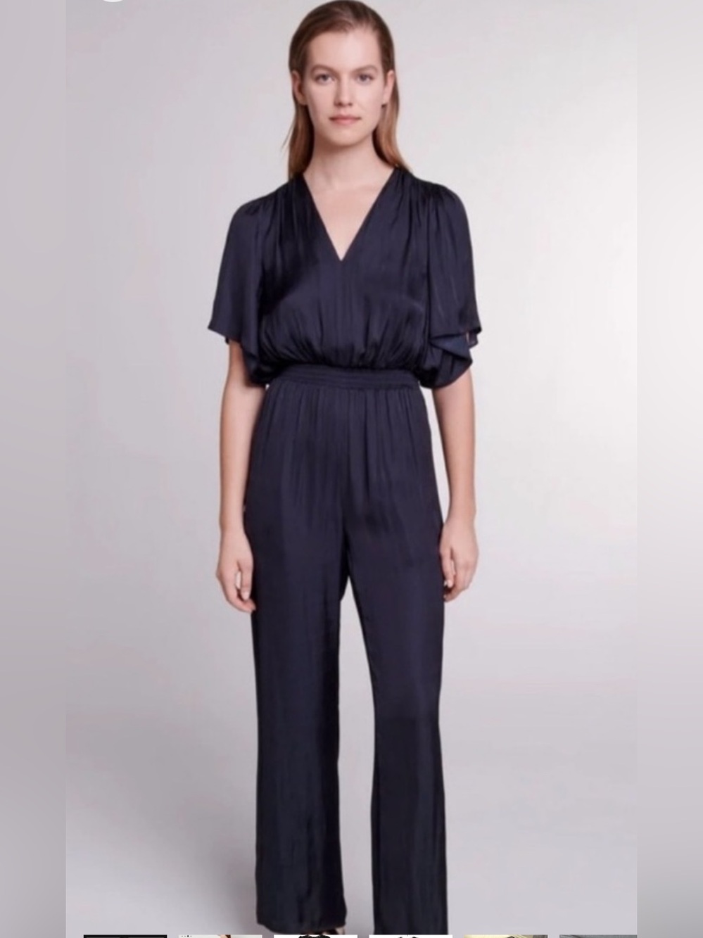 MAJE Elegant Black Satin V Neck Jumpsuit With Pockets. Size Euro 38